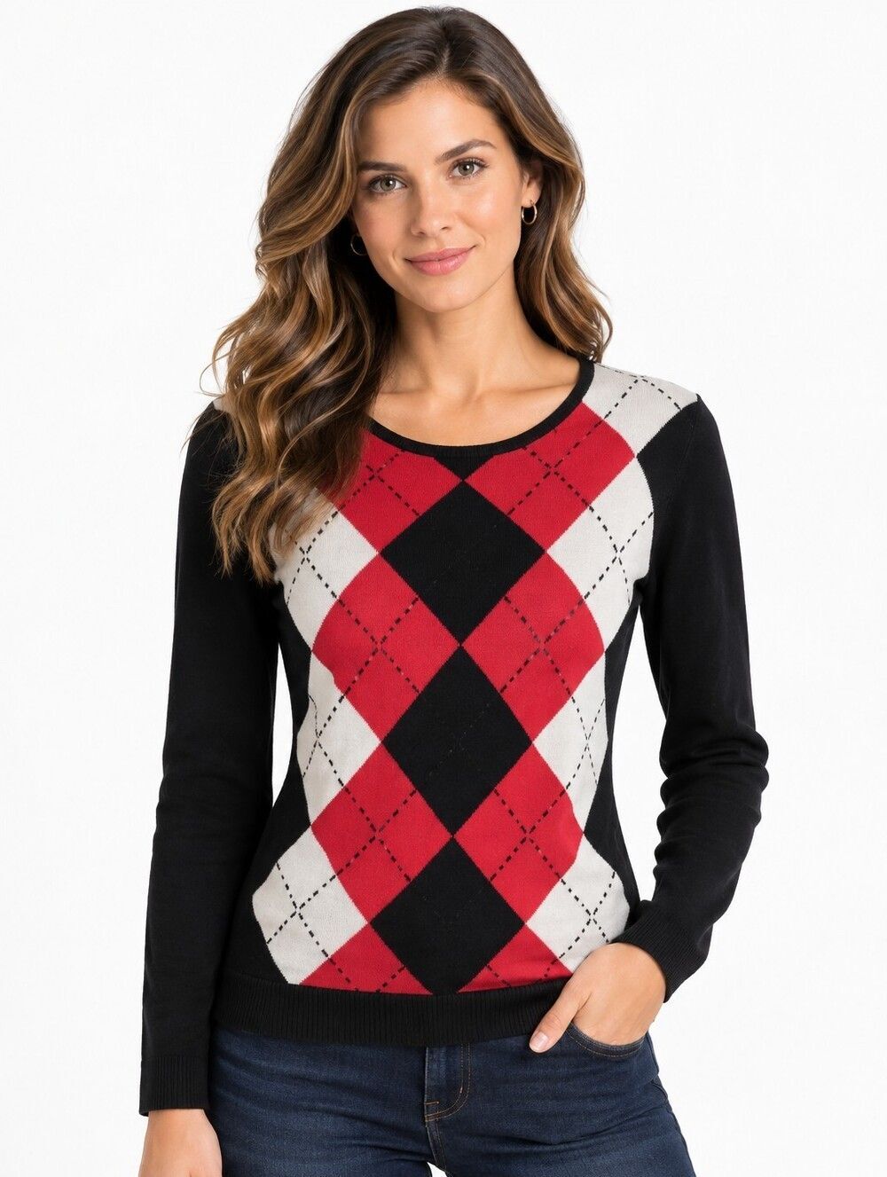 Vintage Tailor women's scoop neck sweater, XS, black red white, Diamond pattern